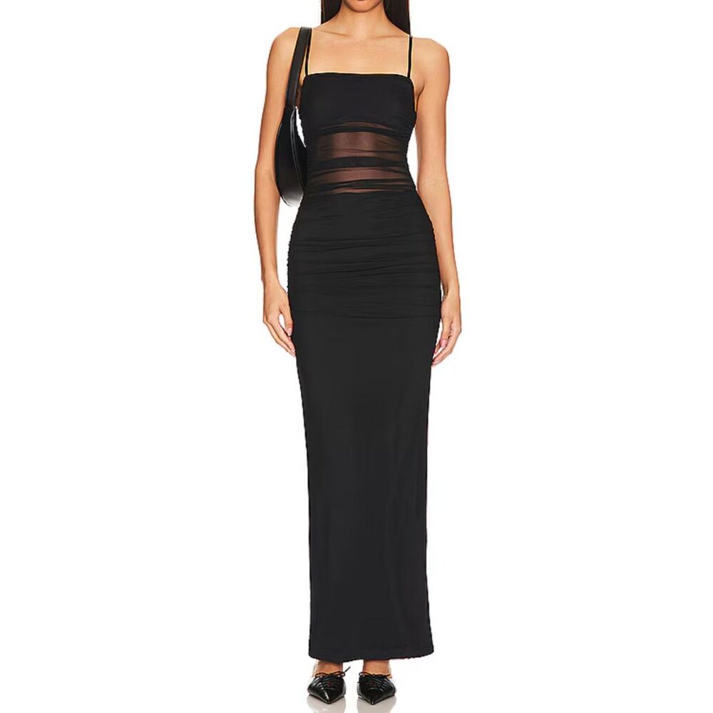 Superdown Celeste Mesh Ruched Maxi Dress - Black - XS (NWT)